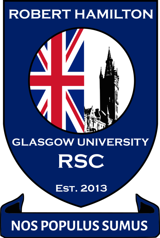 The club crest: a navy shield bearing the Union flag and the University tower, inscribed Robert Hamilton, Glasgow University RSC, Est. 2013, above a scroll reading Nos Populus Sumus.